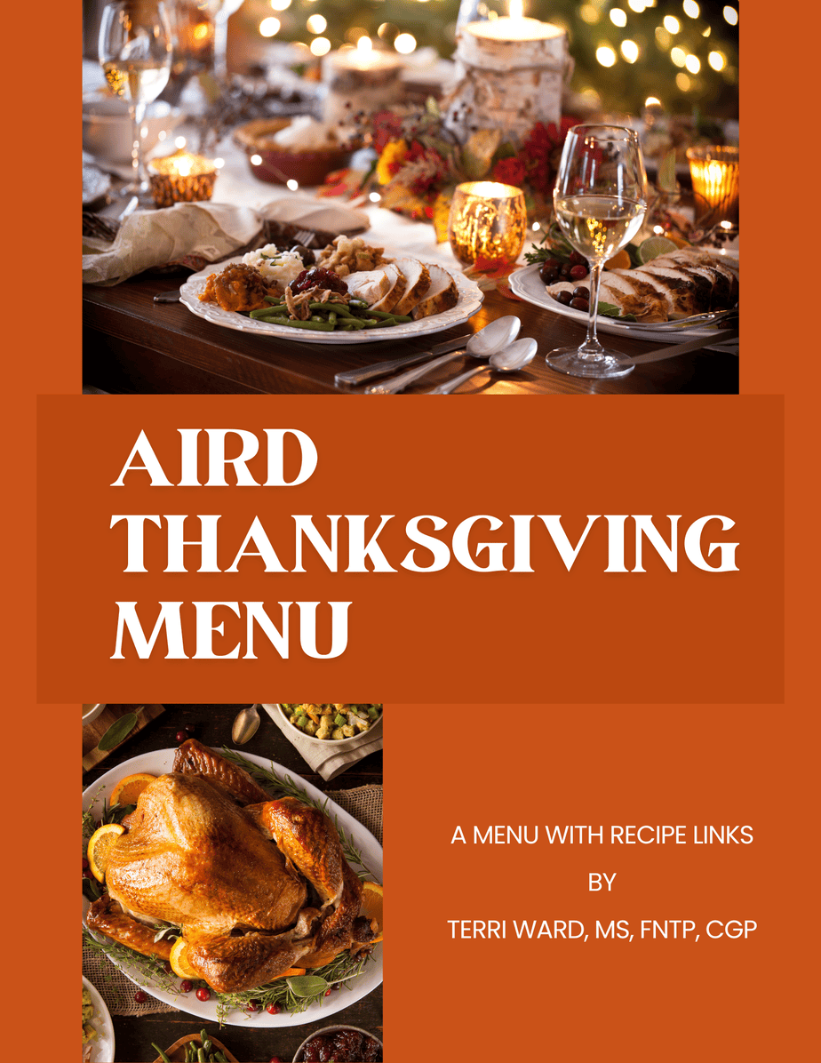 Cover of the AIRD Thanksgiving Menu by Terri Ward featuring a holiday dinner spread