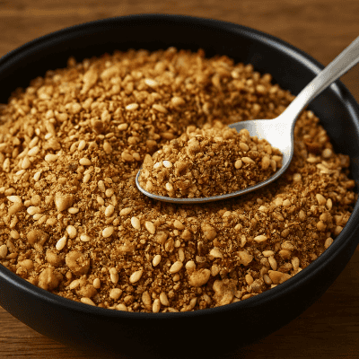 Homemade dukkah spice blend in a small bowl on a dark wooden surface with some on a spoon