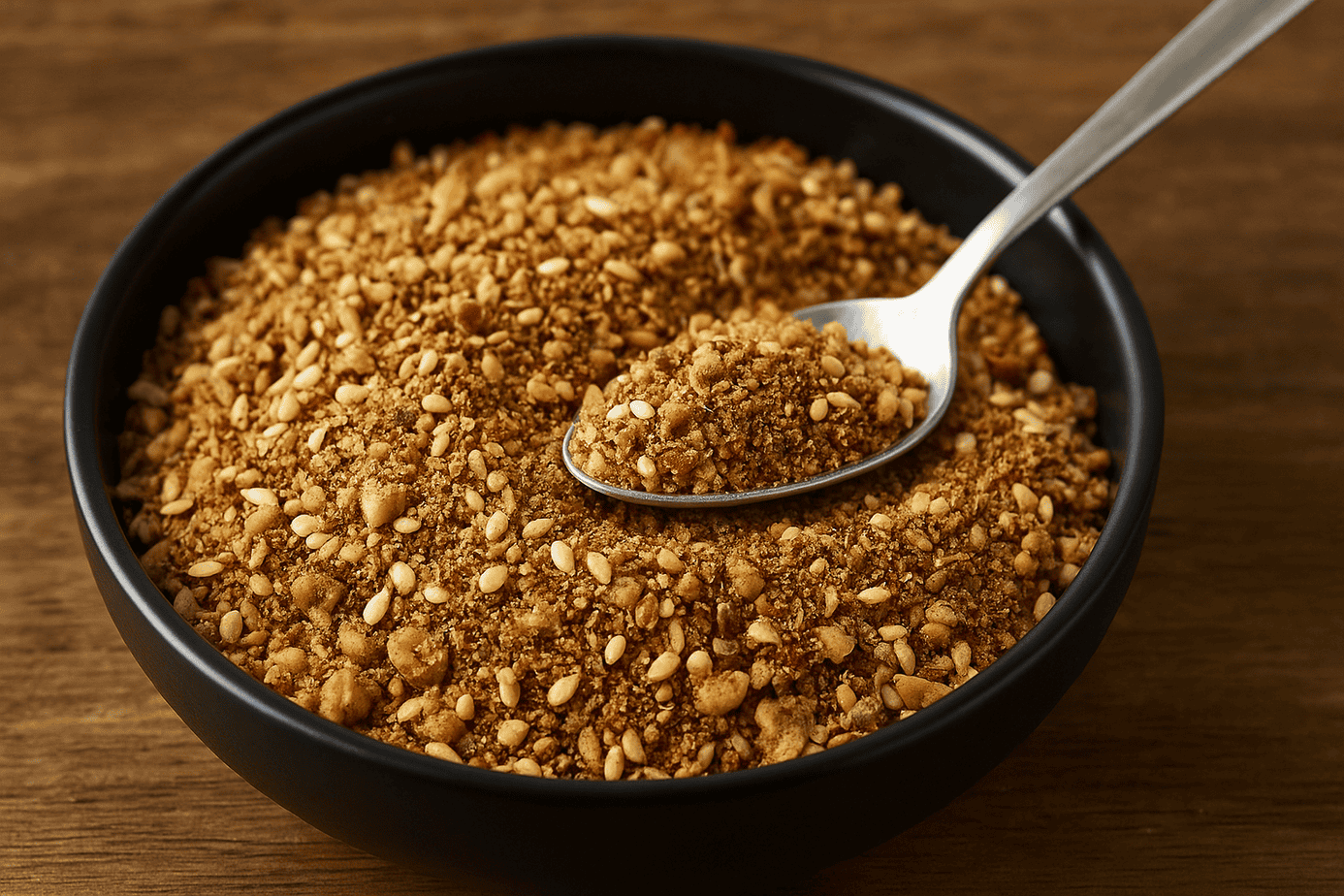 Homemade dukkah spice blend in a small bowl on a dark wooden surface with some on a spoon