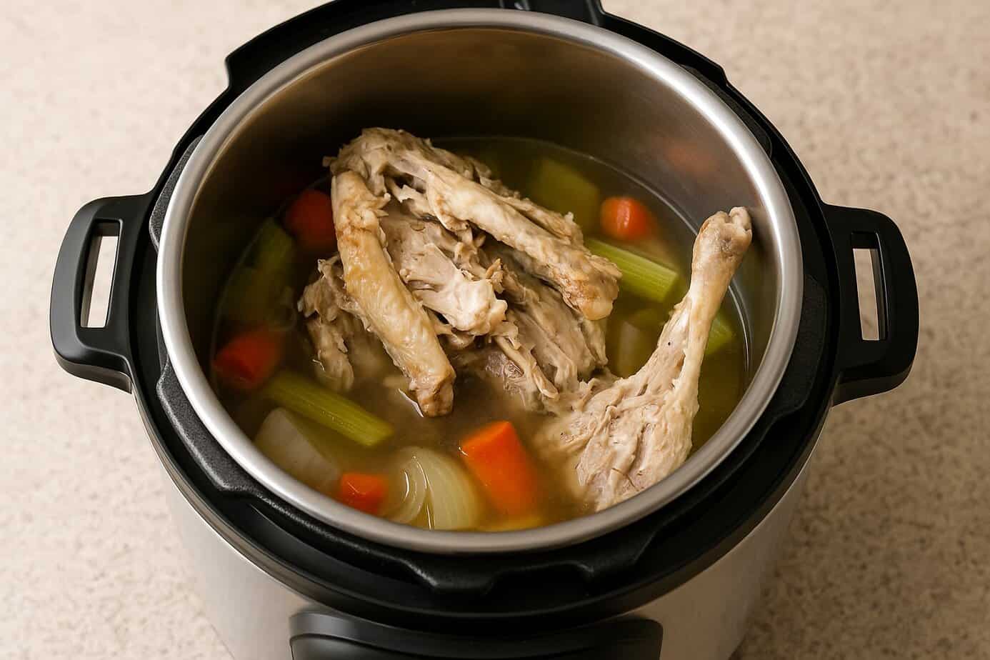 An Instant Pot is filled with a broken-down roasted turkey carcass along with chopped carrots, celery, and onion submerged in water, ready to be cooked into turkey bone broth