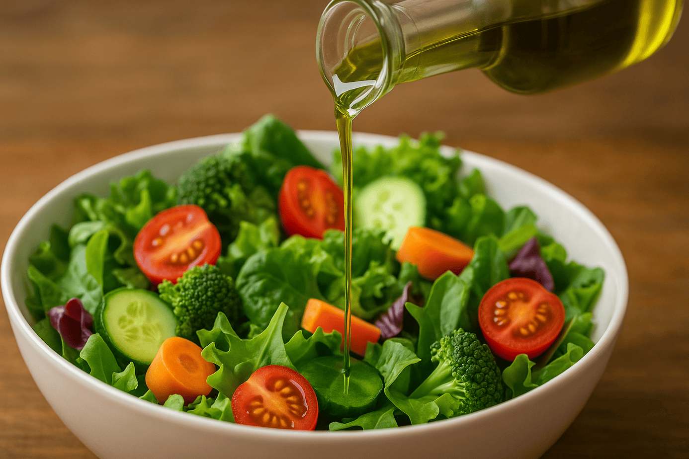 Rich green-gold real extra virgin olive oil pouring over a bowl of fresh greens with cucumber slices and halved cherry tomatoes