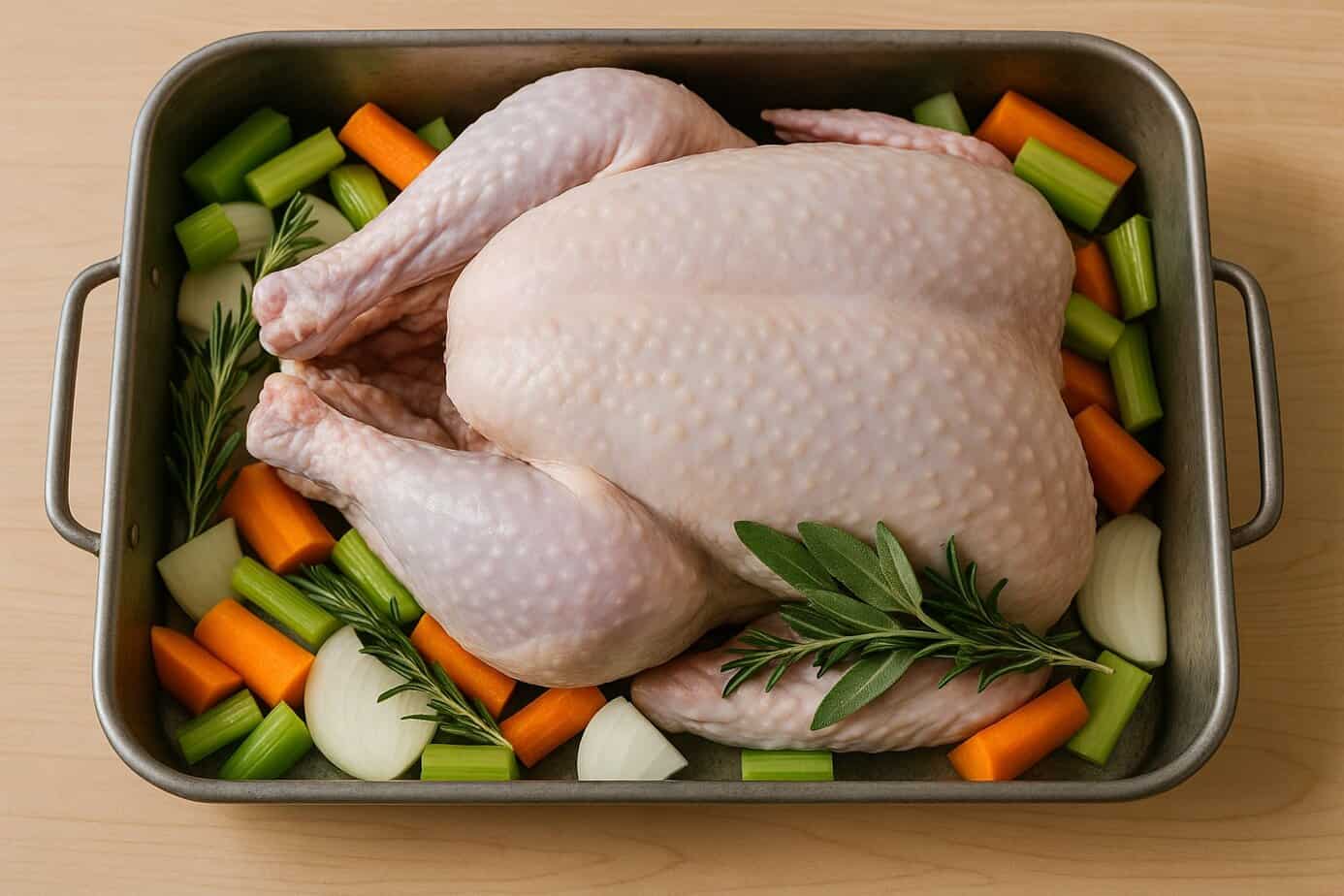 An uncooked whole turkey sits in a metal roasting pan, surrounded tightly by raw carrots, celery, and onion. Fresh sprigs of rosemary, sage, and thyme rest on top of the vegetables, ready for roasting