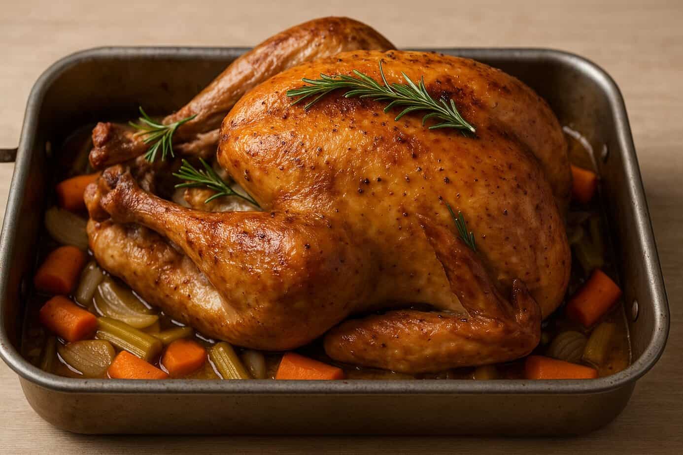 roast-turkey-with-aromatic-vegetables-in-pan A golden-brown roasted turkey sits in a metal roasting pan on a shallow layer of pan juices with softened carrots, celery, and onions tucked around it, garnished with fresh rosemary sprigs