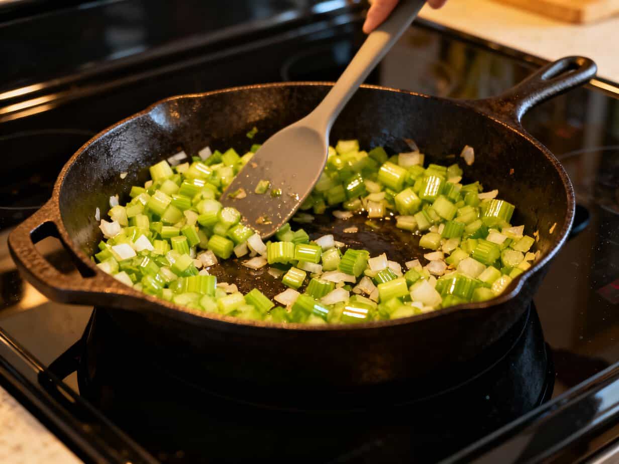 sauteeing-celery-and-onion Finely chopped celery and onions being sautéed in a cast-iron skillet on a black glass stovetop, stirred with a gray silicone spoon. The vegetables look glossy and just beginning to soften.