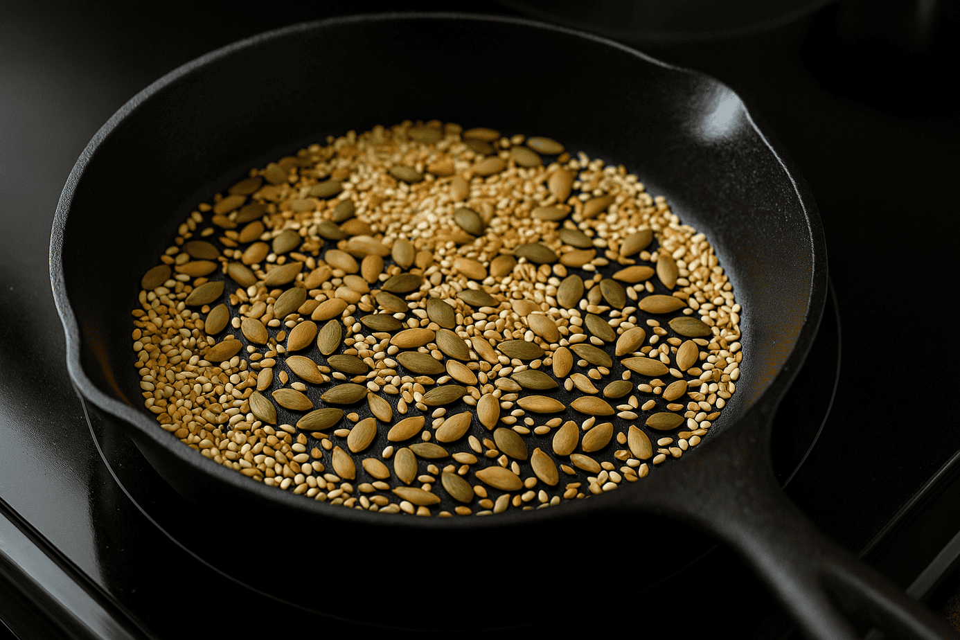 Sesame, pumpkin, and sunflower seeds being dry toasted in a cast iron skillet on a black glass cooktop, showing golden color variation during the toasting process for dukkah