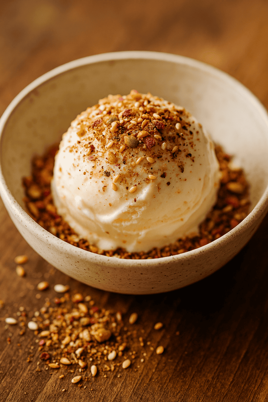 Vanilla ice cream served in a ceramic bowl topped with sweet dukkah made of cinnamon, cardamom, fennel, rose petals, and sesame seeds on a wooden surface