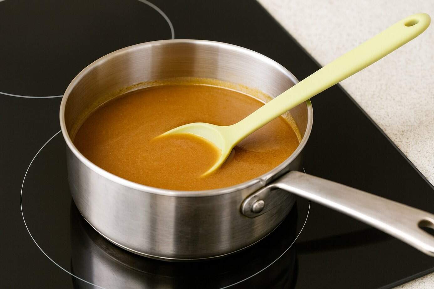 A stainless steel saucepan filled with brown turkey gravy sits on a black glass stovetop. A gray silicone spoon rests in the gravy, creating gentle swirls on the glossy surface as it’s being stirred.