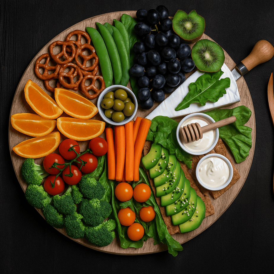 A nicely arranged, colorful, round wood charcuterie board of vegetables, fruits, pretzels, cheese, and dips with a black background