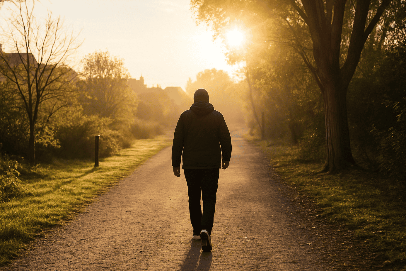 A person wearing a dark hat, coat, and pants walking a quiet nature trail as the sun rises through winter trees