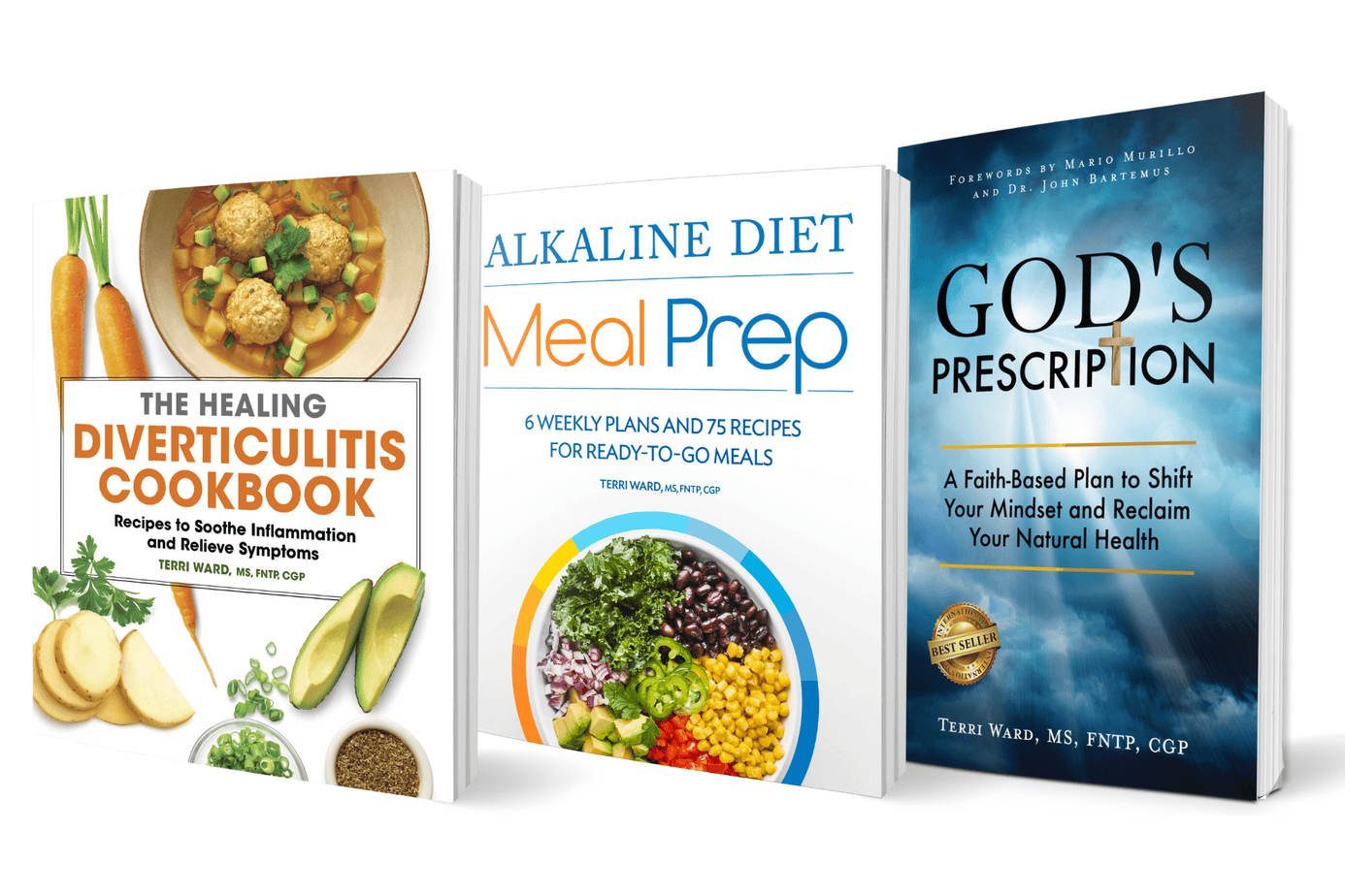 Three books by Terri Ward, MS, FNTP, CGP: The Healing Diverticulitis Cookbook, Alkaline Diet Meal Prep, and God's Prescription