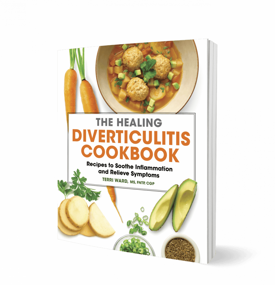 Diverticulitis Cover 9781638780434_3D A 3-D bookcover image of The Healing Diverticulitis Cookbook: Recipes to Soothe Inflammation and Relieve Symptoms by Terri Ward, MS, FNTP, CGP. On the cover is a bowl of Albondigas soup, raw carrots, sliced potatoes, scallion, and avocado, and a small dish of cumin seed.