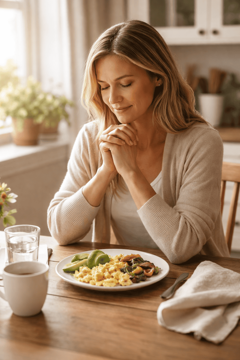 Woman saying grace before eating a healthy protein-rich breakfast in peaceful morning light, illustrating mindful and intentional nourishment