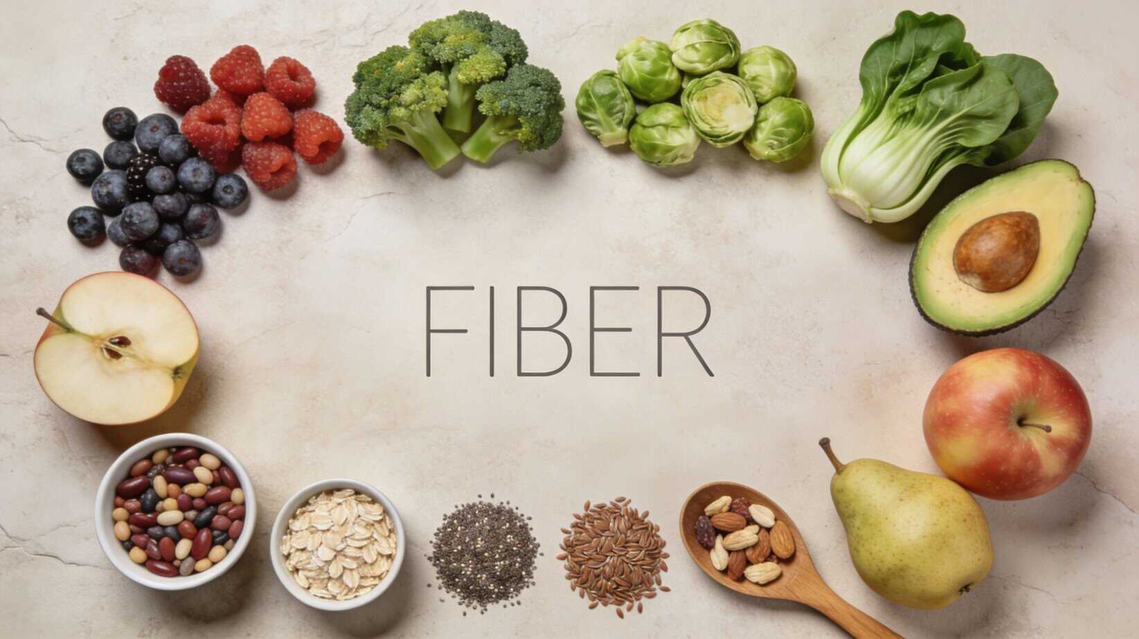 fiber-rich-foods-blood-sugar-glp1-regulation Fiber-rich foods including berries, broccoli, Brussels sprouts, leafy greens, avocado, legumes, oats, chia seeds, and nuts arranged on neutral background supporting natural GLP-1 production and blood sugar regulation
