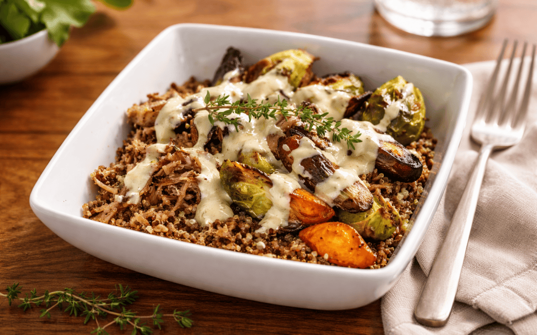 Brisket Bowls with Roasted Vegetables and Lemon Tahini Sauce