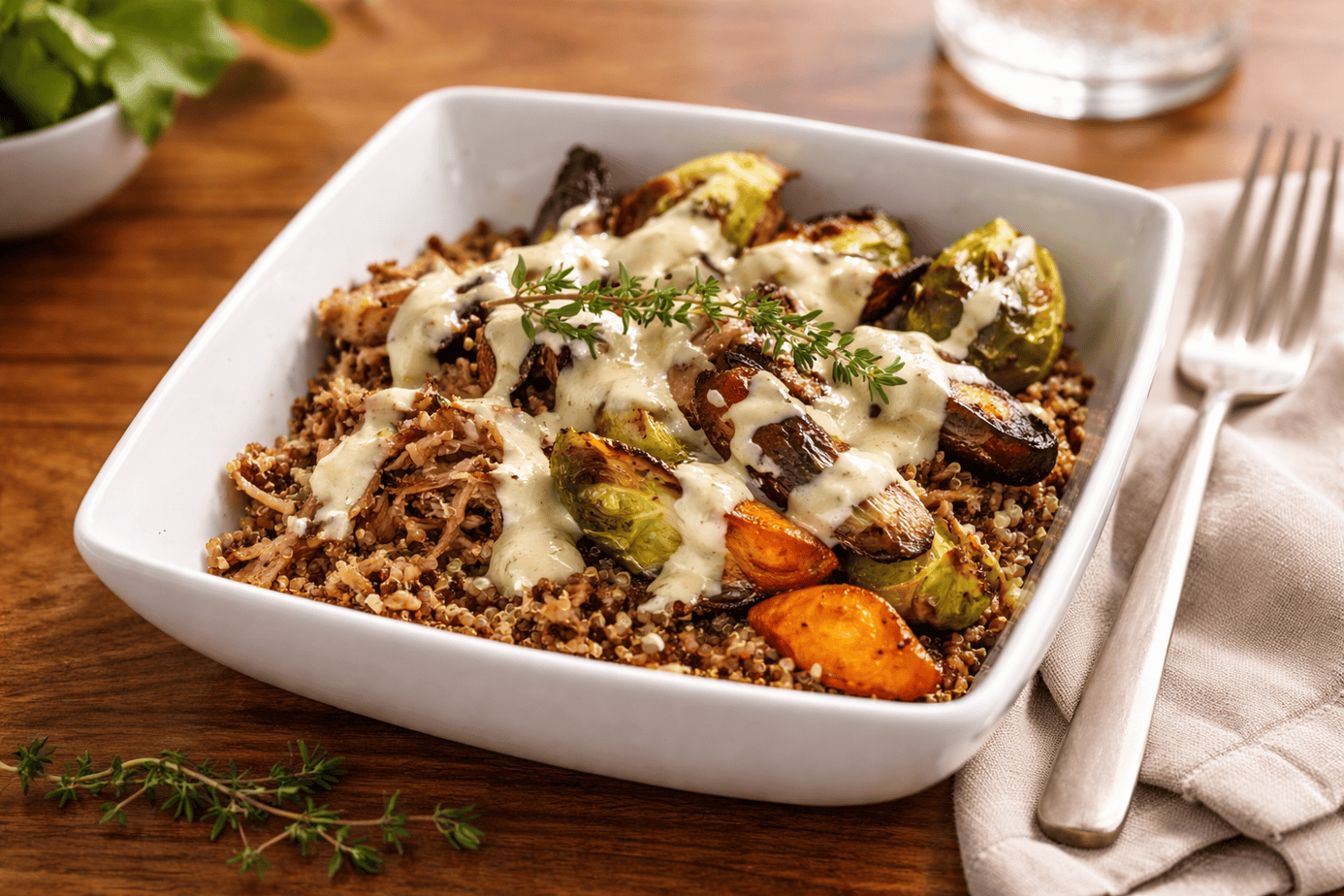 Brisket-bowls-with-roasted-veg Brisket bowl with roasted Brussels sprouts and rainbow carrots over quinoa, drizzled with lemon tahini sauce and topped with fresh thyme, served in a white square bowl on a wooden table with a linen napkin and fork