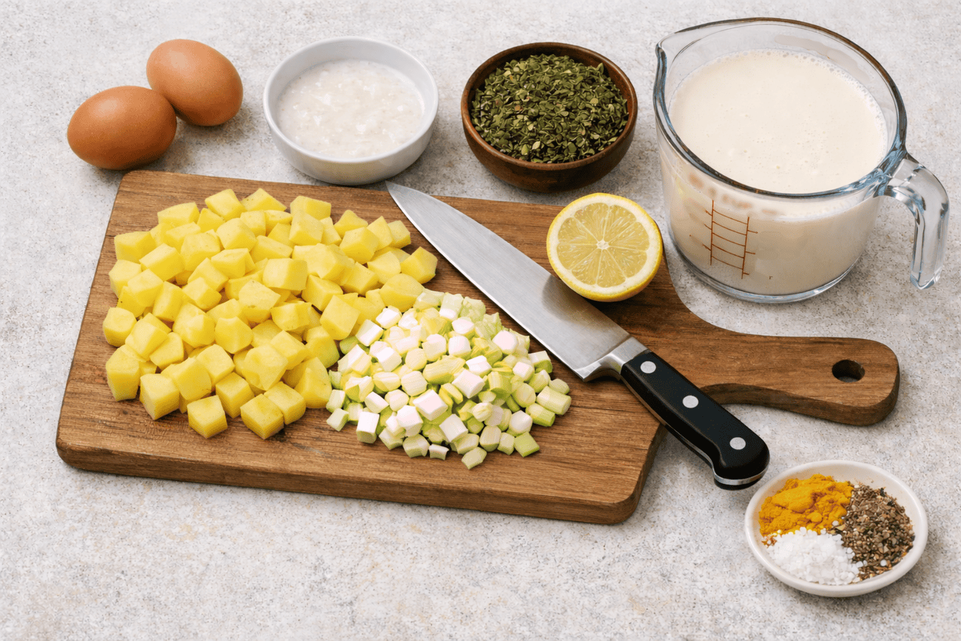An overhead view of the ingredients for Easy Persian Soup with diced potato and chopped leak with a knife and halved lemon on a cutting board surrounded by two eggs, a rice flour slurry, a small bowl of Sabzi Ghormeh herb mix, a glass measuring cup of cashew milk, and a small dish with turmeric, salt, and pepper 