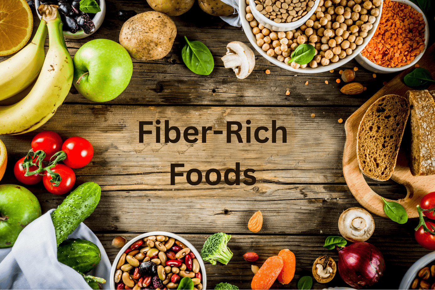 Fiber-Rich Foods Assortment of foods for dietary fiber and sleep including fruit, vegetables, legumes, nuts, and whole grain bread around the words ‘Fiber Rich Foods’ on a wooden table