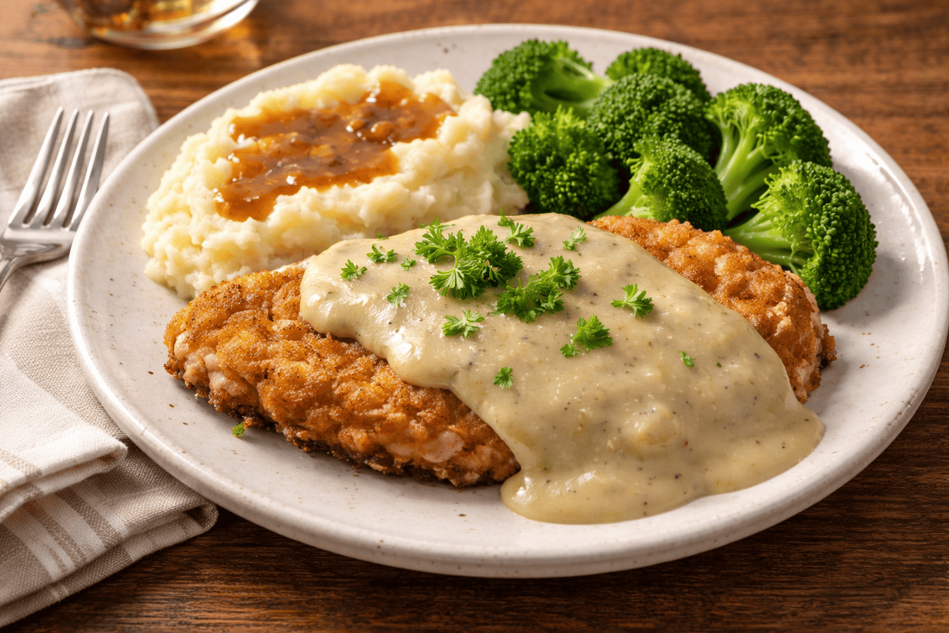Gluten-Free Chicken-Fried Steak Gluten-free chicken-fried steak topped with creamy dairy-free country gravy on a white plate, served with mashed potatoes, steamed broccoli, and a napkin on a rustic wooden table