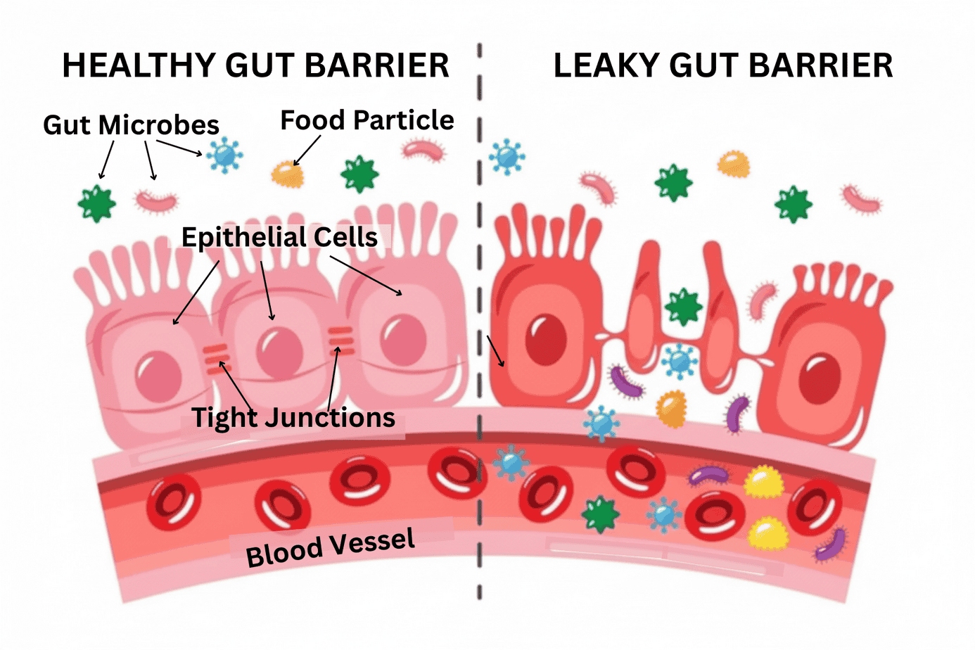 Side-by-side diagram comparing a healthy gut barrier with intact tight junctions to a leaky gut barrier with increased intestinal permeability allowing particles to pass into the bloodstream