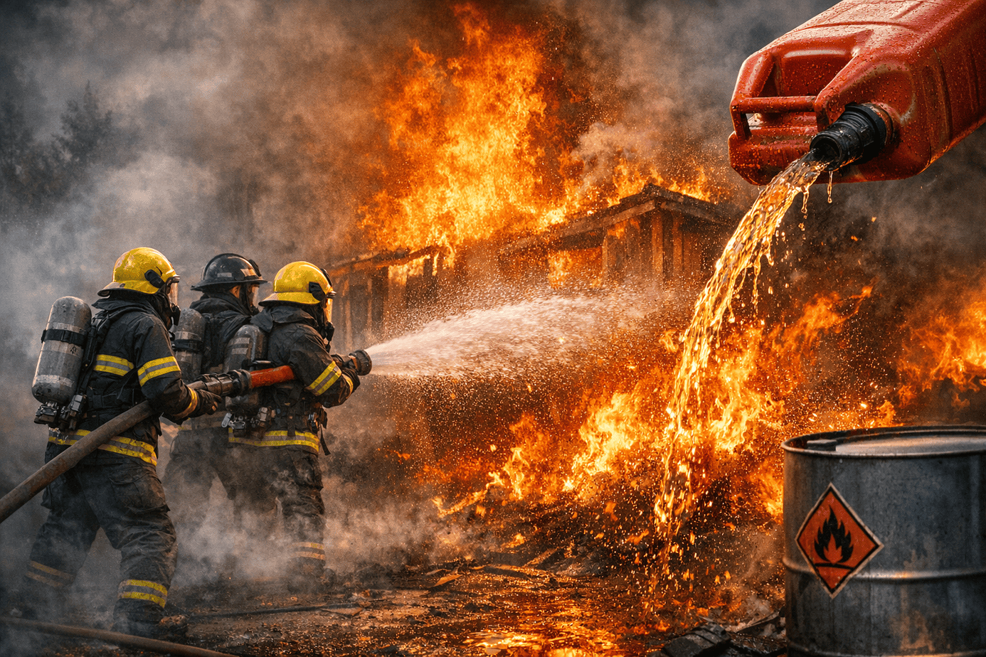 fighting fire while gasoline pours on it Firefighters spray water on a raging blaze while a hand pours gasoline from a red can onto the fire — illustrating how conventional medicine fights symptoms while ignoring the root causes fueling disease