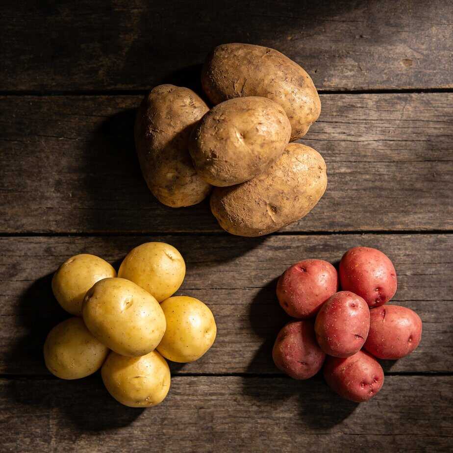 Overhead view of Yukon gold, russet, and red potatoes arranged together on a dark rustic surface, highlighting their different skin colors and textures