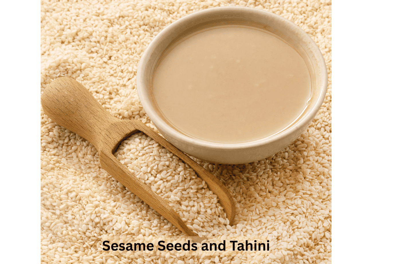sesame-seeds-tahini-sauce A small ceramic bowl of tahini surrounded by sesame seeds with a wooden scoop, illustrating the sesame-based ingredients used in the lemon herb tahini sauce for this brisket bowl recipe