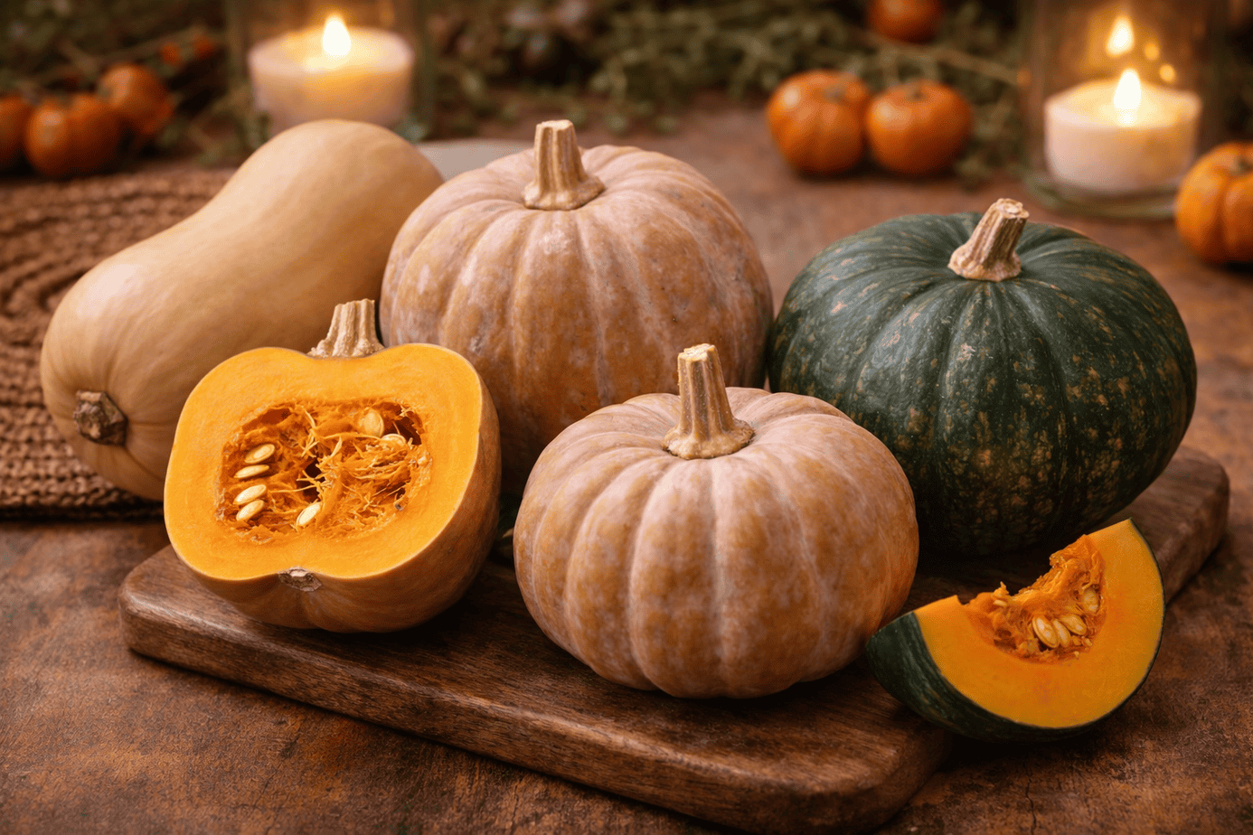 Butternut, koginut, and kabocha squash arranged on a rustic board, with one squash cut open to show the bright orange flesh and seeds