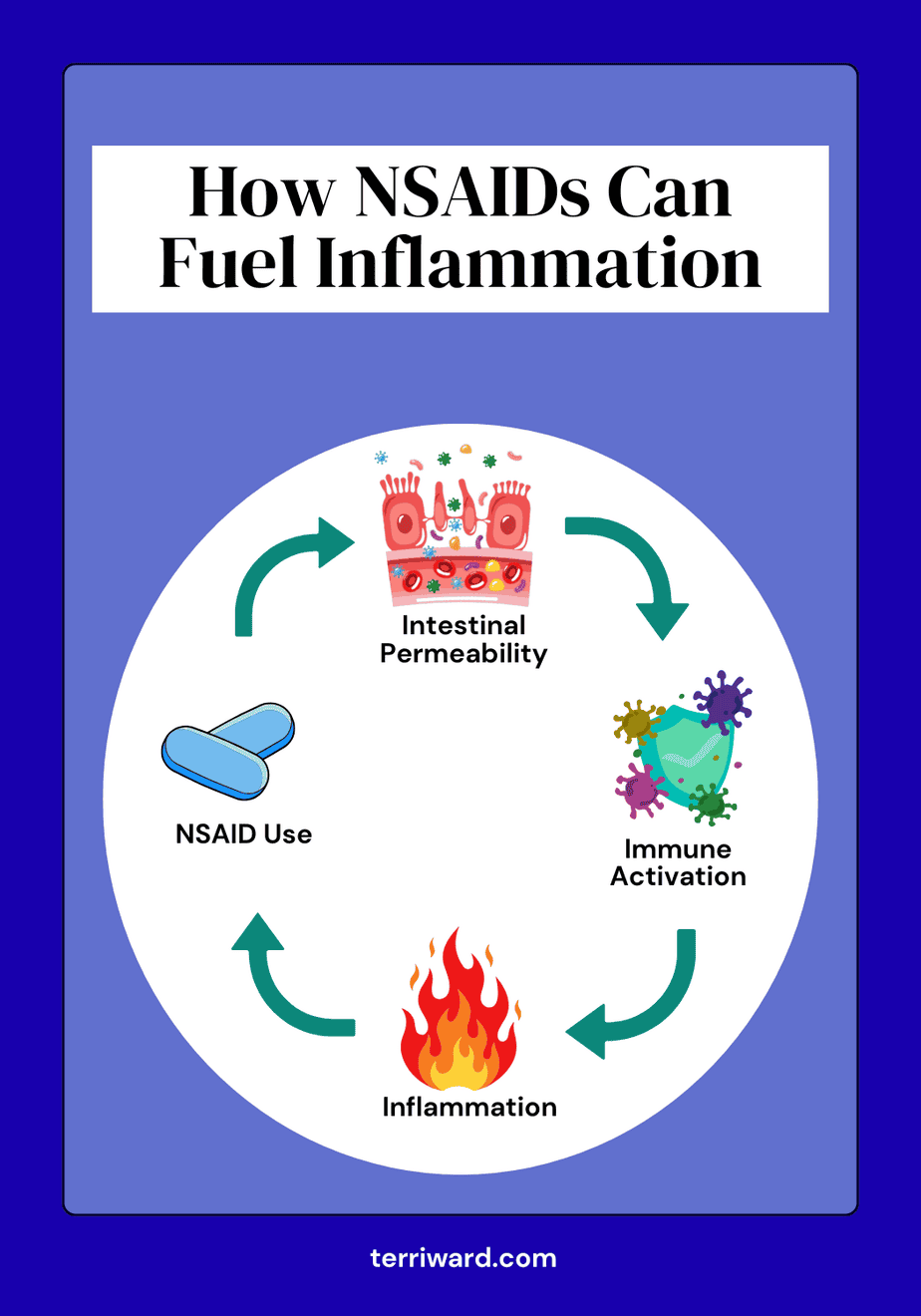 Infographic showing the vicious cycle of NSAID use and leaky gut: intestinal permeability leads to immune activation, which triggers inflammation, leading to more NSAID use and worsening intestinal permeability