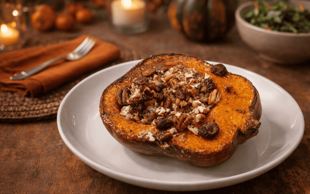 Sausage Stuffed Squash with Goat Cheese, Pecans, & Cranberries