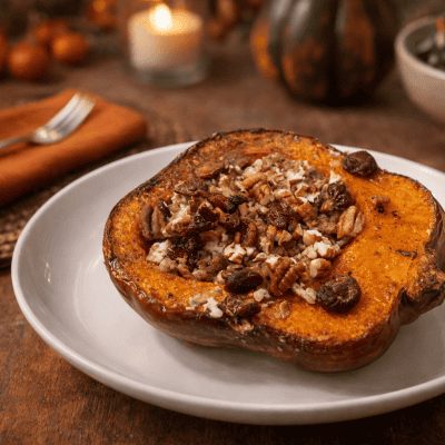 Roasted stuffed acorn squash half topped with pecans and cranberries on a white plate in a warm, rustic autumn table setting