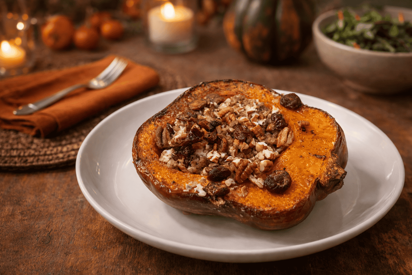 Roasted stuffed acorn squash half topped with pecans and cranberries on a white plate in a warm, rustic autumn table setting