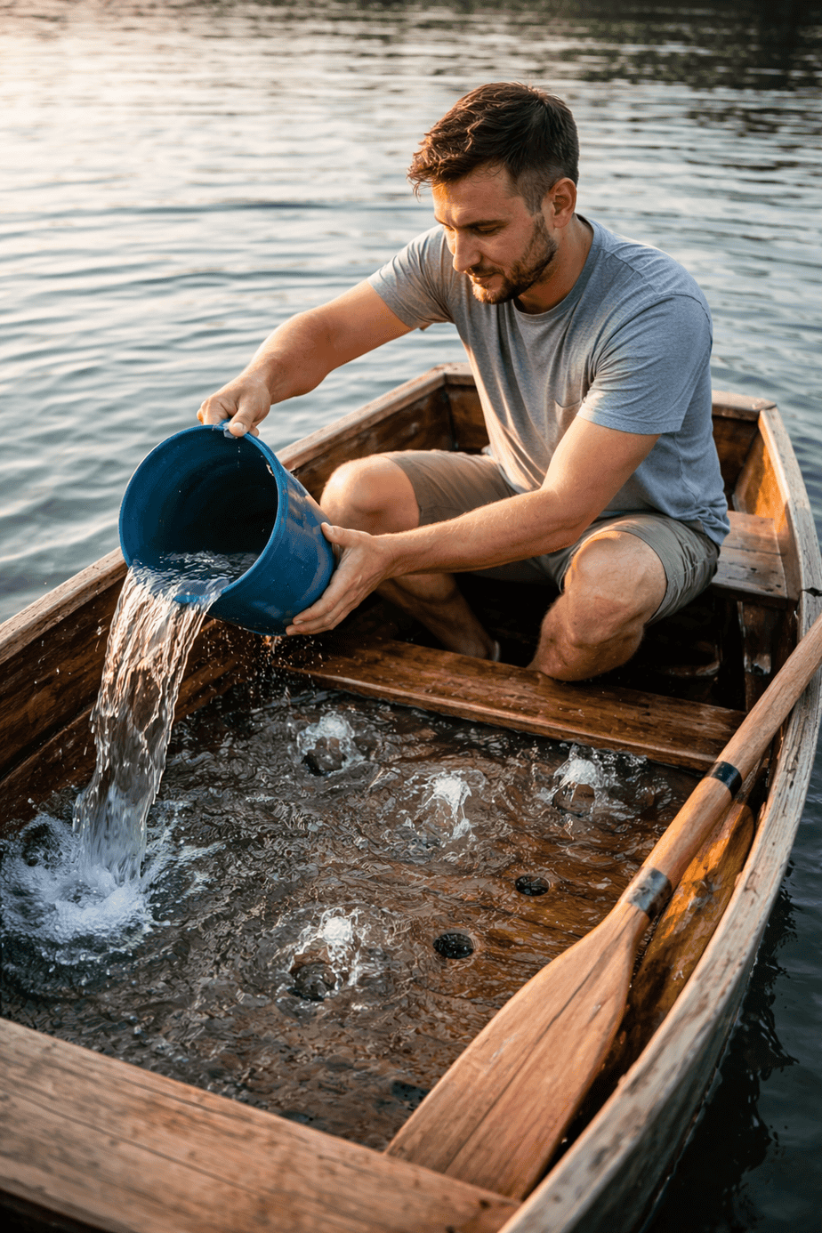 Person sitting in a small wooden rowboat on calm water using a bucket to bail water while water continues bubbling up through several holes in the bottom of the boat, illustrating the futility of treating symptoms without addressing the root cause