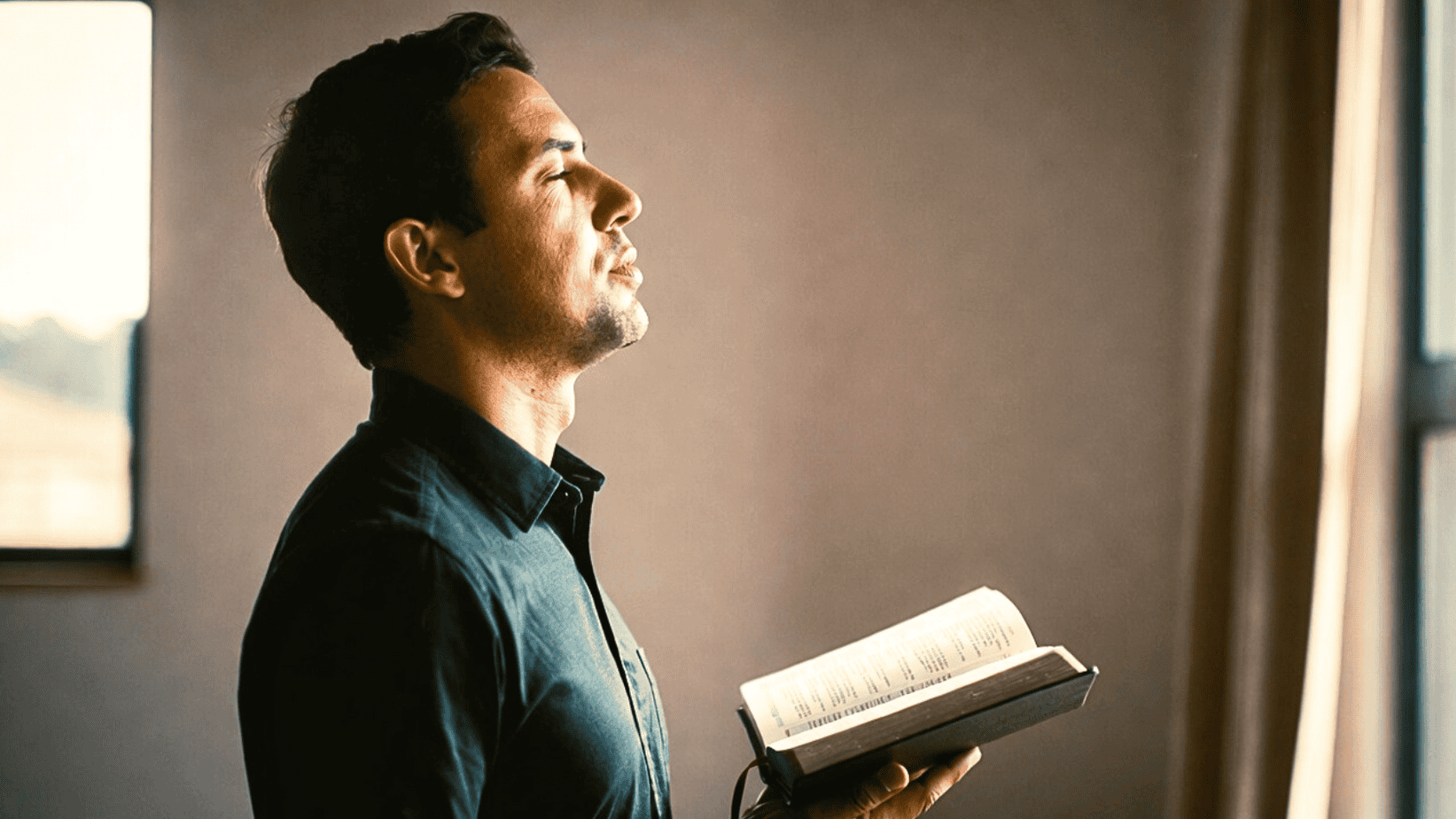 Man holding an open Bible with eyes closed, breathing slowly through his nose as an act of prayer and worship, illustrating a biblical perspective on breathwork