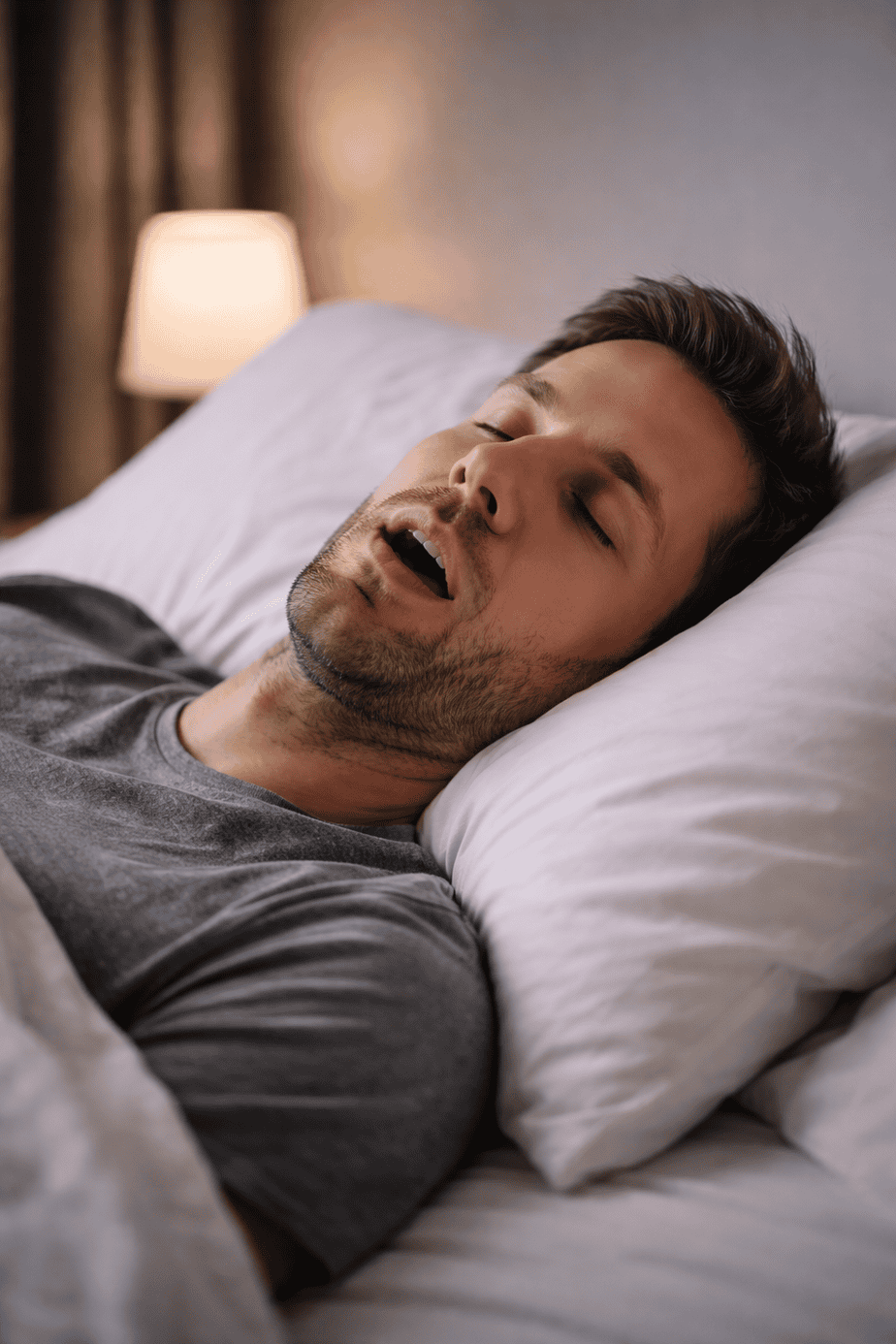 Man sleeping on his back with mouth open, illustrating mouth breathing and shallow breathing patterns linked to stress and poor respiratory habits