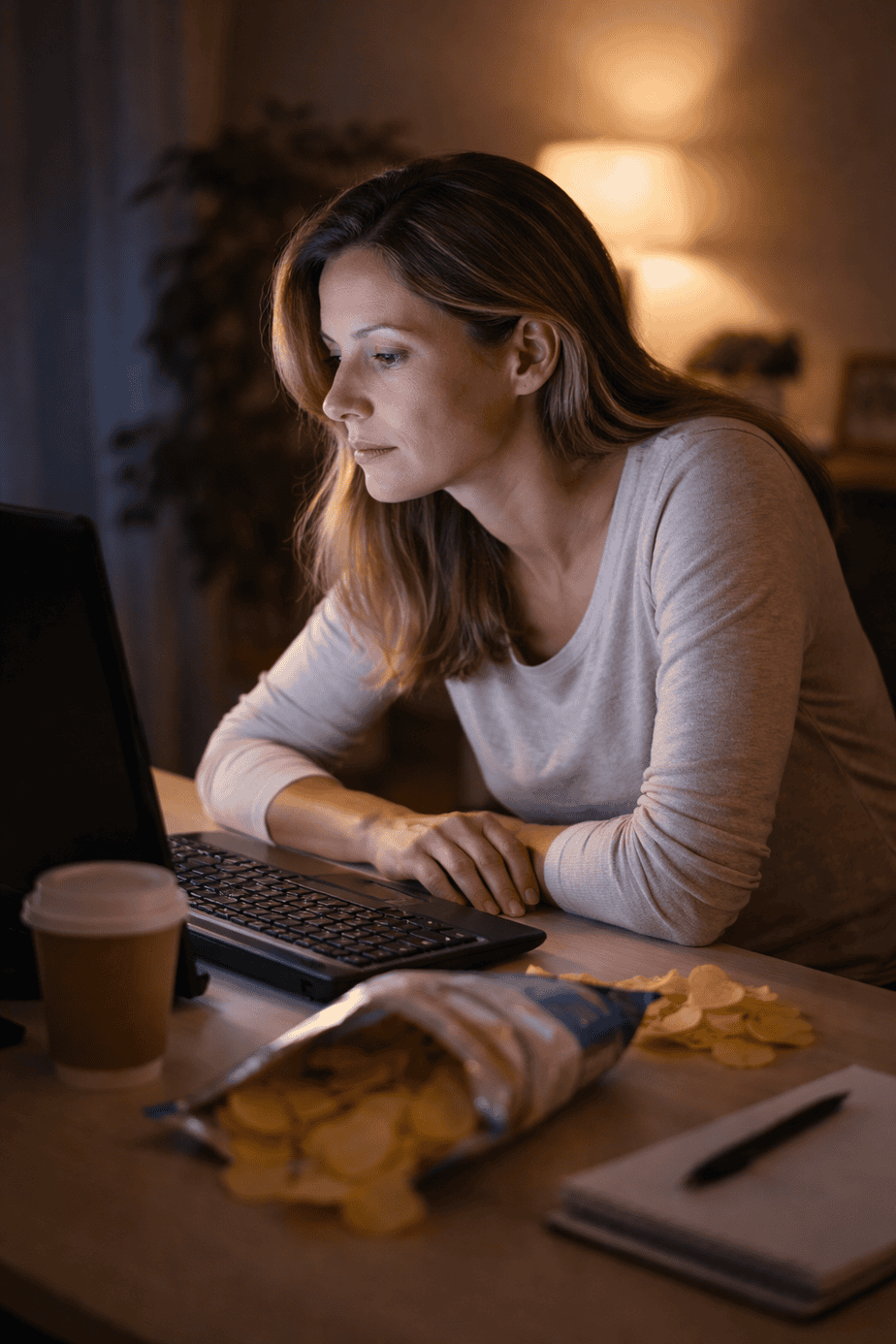 Woman hunched over computer with rounded shoulders and forward head posture, illustrating poor posture, screen use, and shallow breathing patterns in modern lifestyle