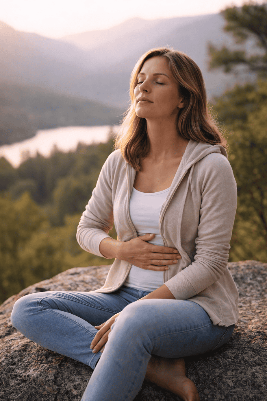 Woman sitting outdoors on a rock with hand on lower chest practicing slow, deep breathing to support parasympathetic nervous system and calm stress response
