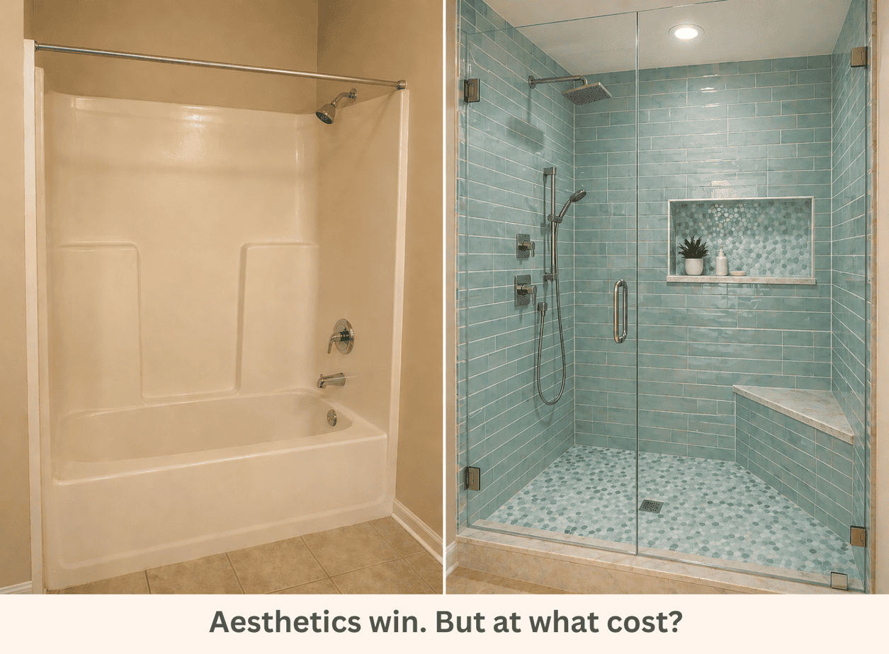 Bathtub-replacement-shower-renovation A plain bathtub-shower combo on the left replaced by a stunning tiled walk-in shower on the right, illustrating the growing renovation trend of removing bathtubs from homes