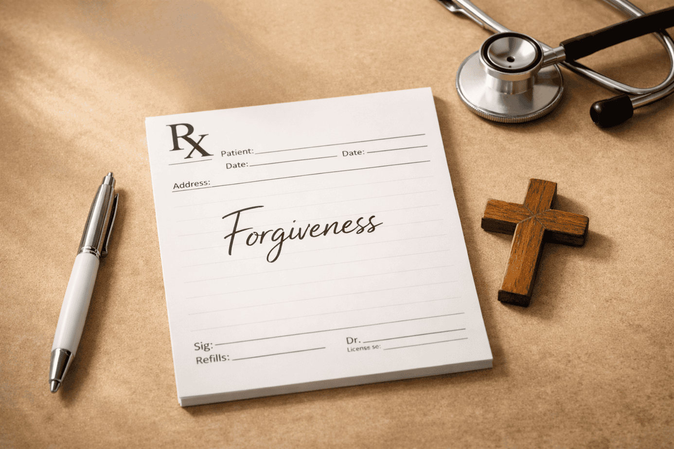 Prescription pad with the word ‘Forgiveness’ written on it, next to a pen, stethoscope, and wooden cross on a desk, symbolizing forgiveness is medicine for body and spirit