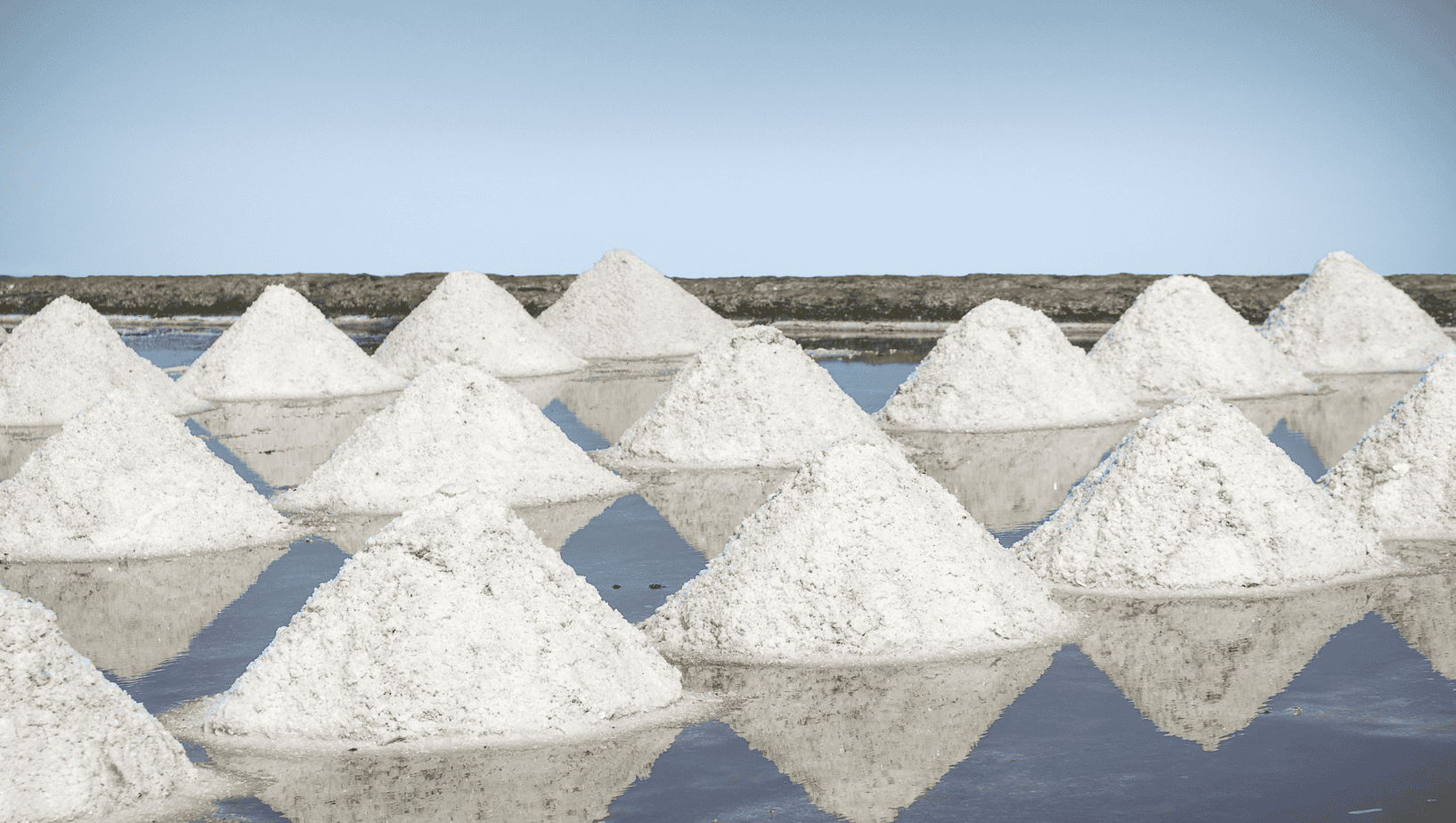 Mounds of Sea Salt Rows of sea salt mounds drying in shallow water under a clear blue sky at a coastal salt pan