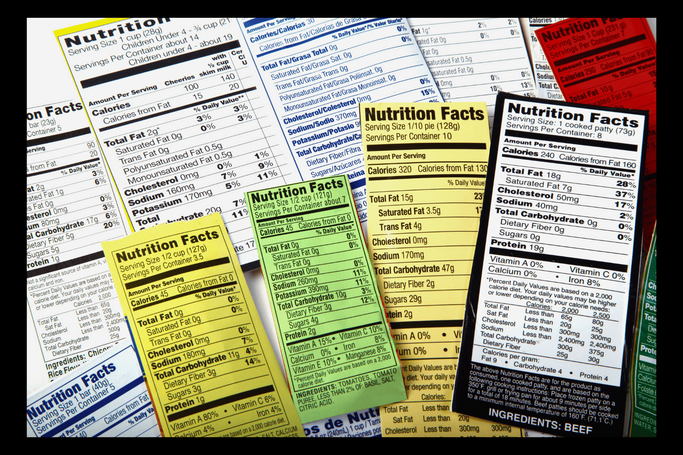 Nutrition Labels Colorful nutrition facts labels overlapping each other, highlighting calories and sodium values on packaged food labels