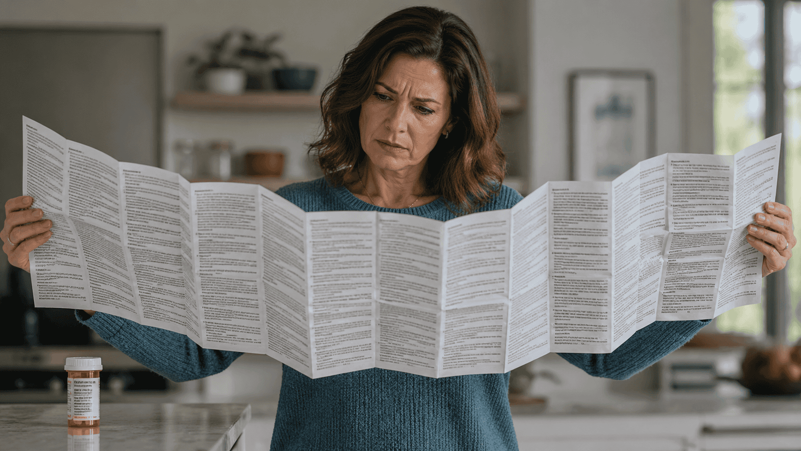 Person reading a long unfolded medication insert, highlighting the complexity of inactive ingredients in medications