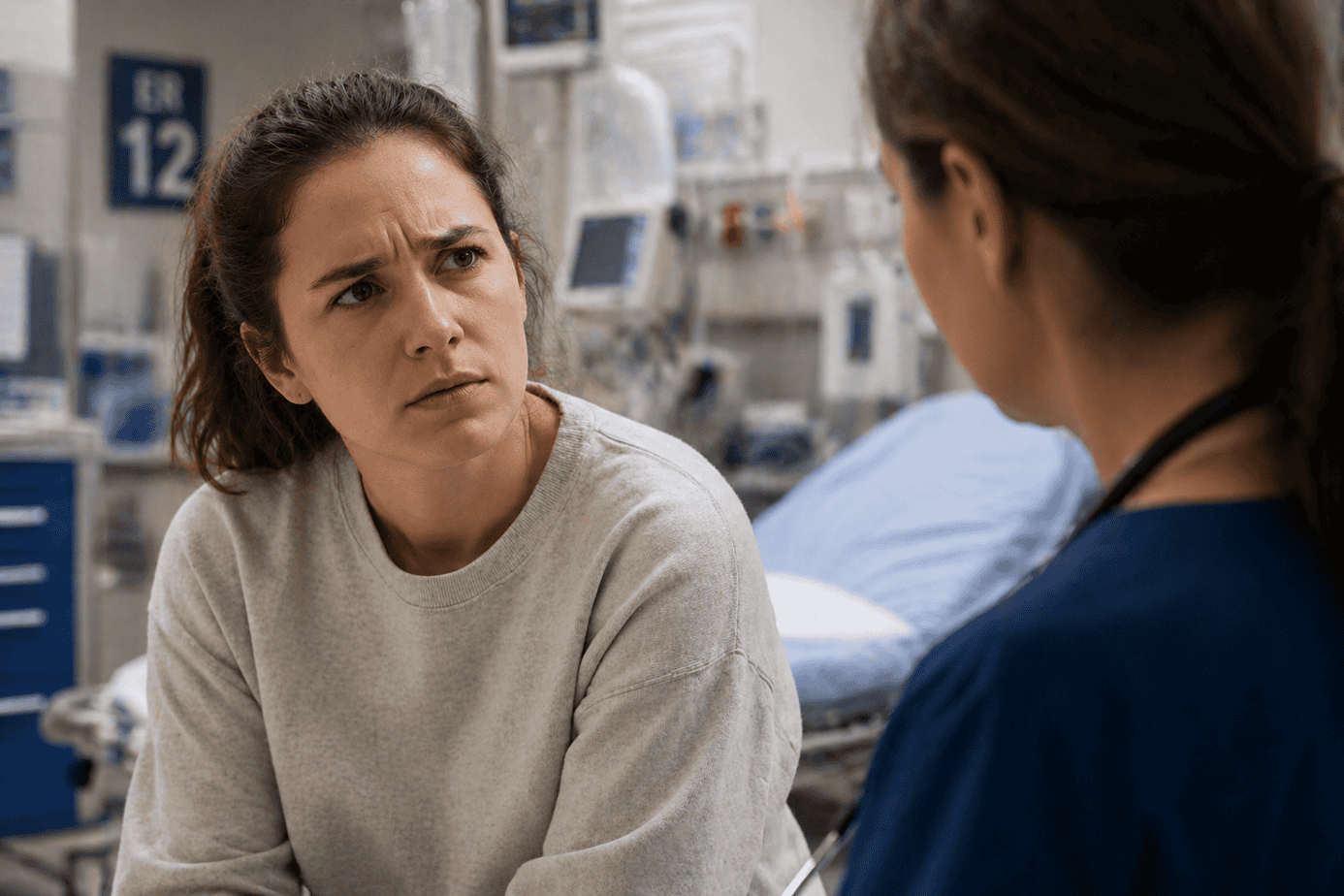 A concerned patient in an emergency room questioning healthcare provider about medication ingredients