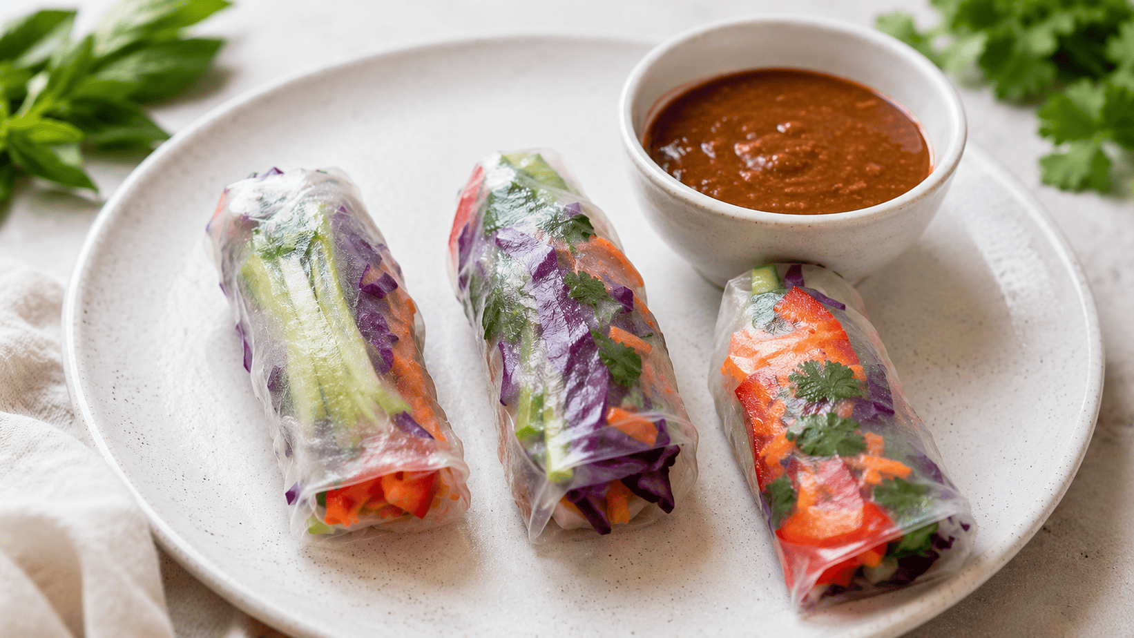 3 Rainbow Salad Rolls and Dipping Sauce Three rainbow salad rolls with colorful vegetable fillings showing through rice paper wrappers on a white plate with almond butter dipping sauce