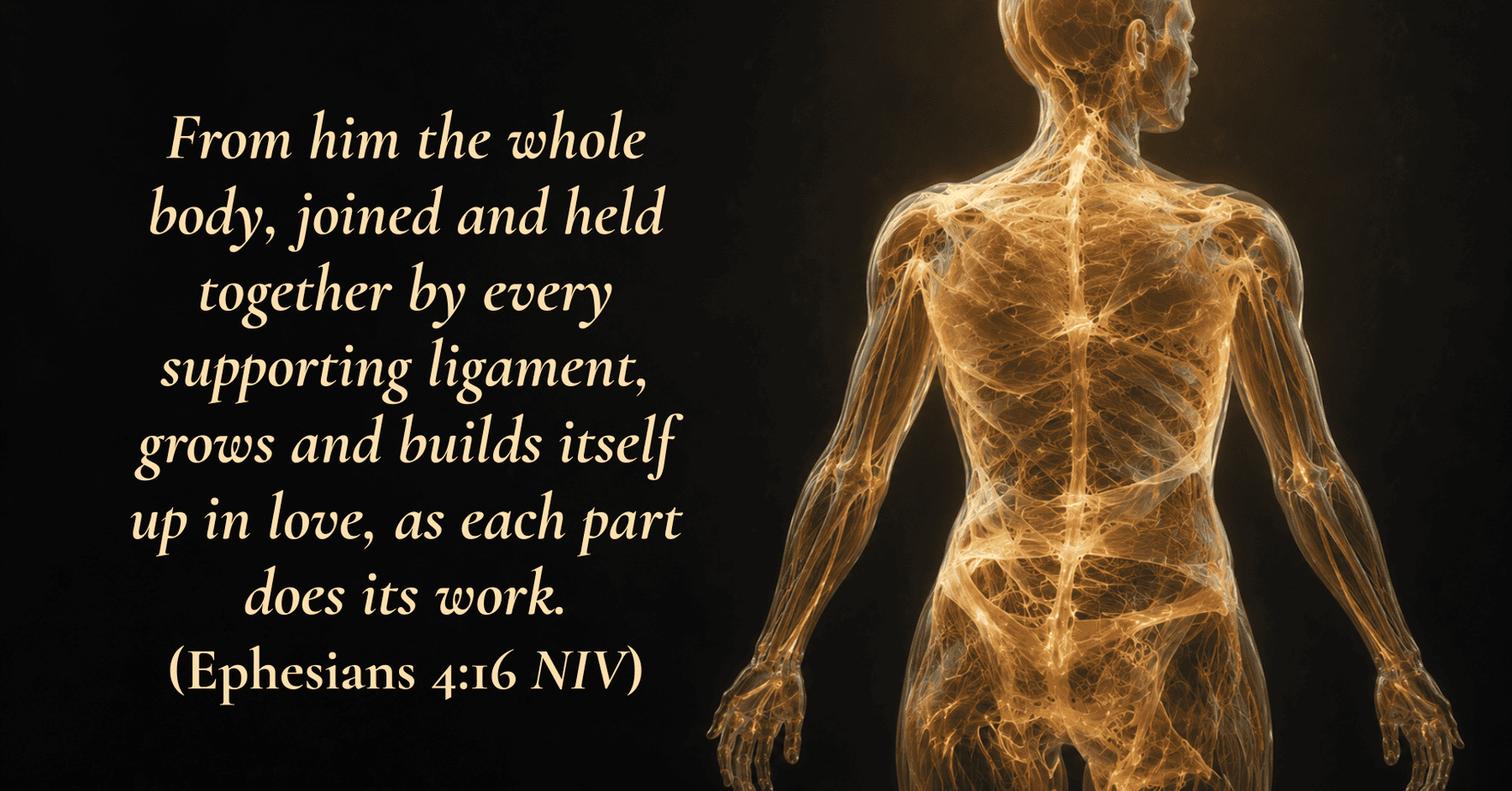 Luminous golden fascia web throughout a human body on a dark background with Ephesians 4:16 overlay illustrating how fascia and gut health reflect God's design for whole-body wellness