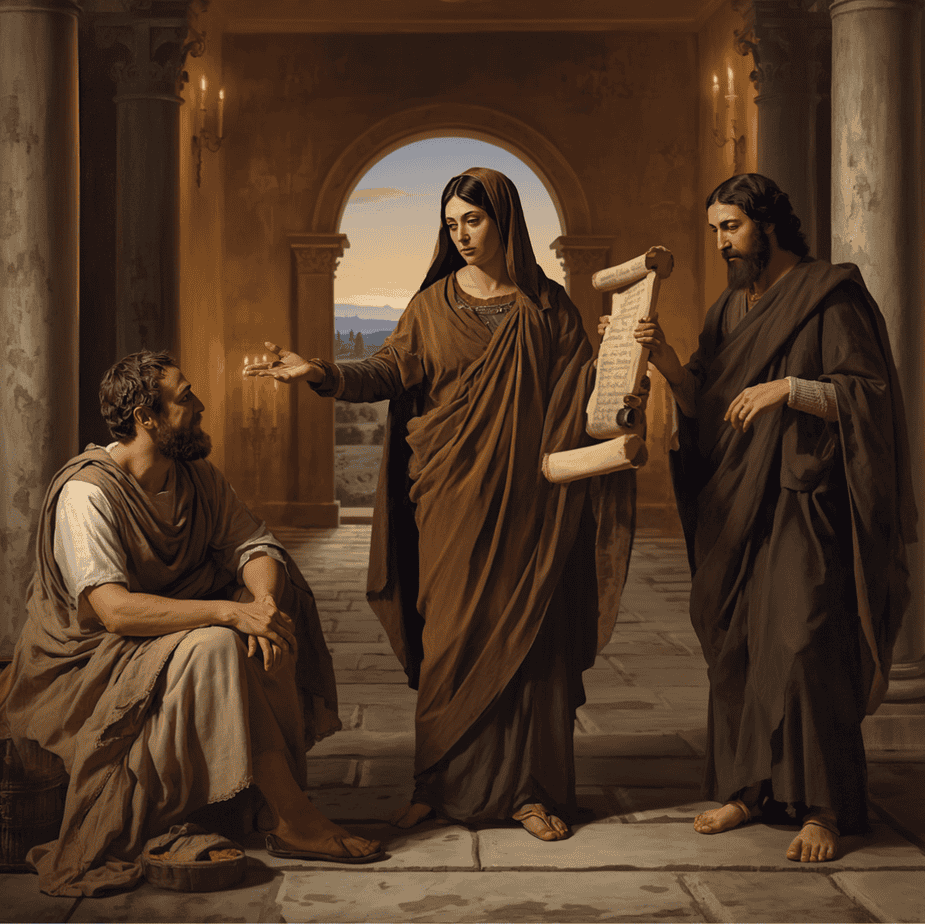 Apollos, Priscilla, & Aquila Biblical illustration of women teaching men as Priscilla and Aquila explain the way of God more accurately to Apollos from a scroll in a private first-century home