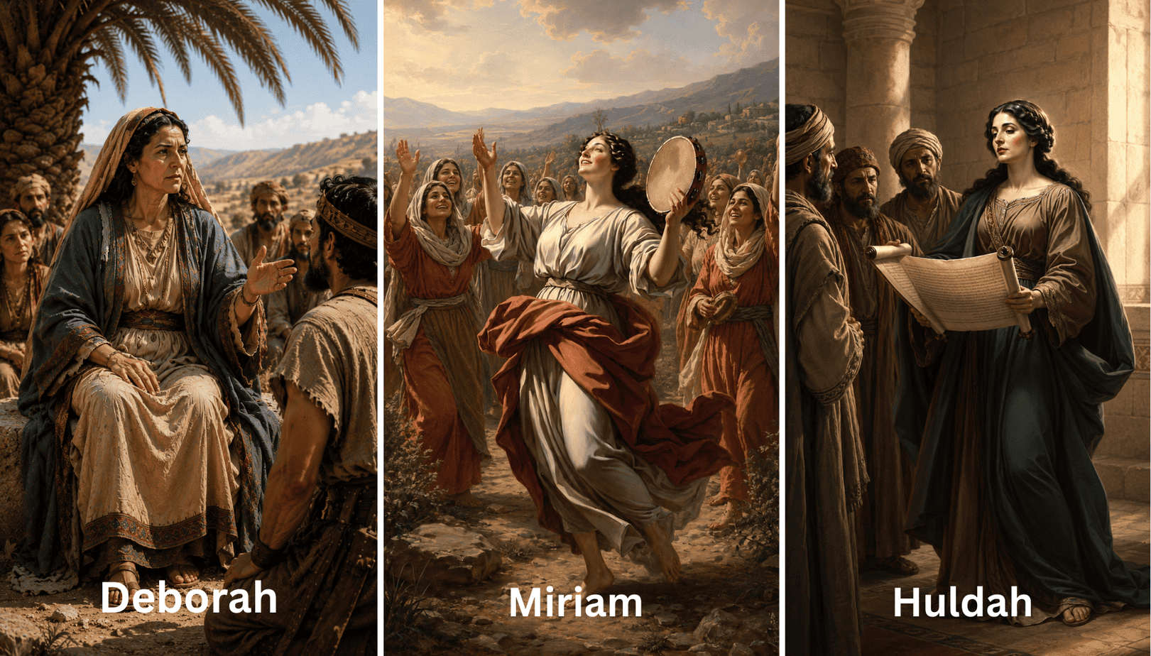 Deborah, Miriam, and Huldah Montage of three old world, classical style paintings of biblical prophetesses. On the left, Deborah sits beneath a palm tree in ancient Israel, older and weathered, speaking decisively to a seated man while other men listen around her. In the center, Miriam, younger and joyful, leads a group of Israelite women in song and dance after the Exodus, holding a tambourine as they move together through a rocky landscape under a bright sky. On the right, Huldah stands in an interior stone hallway, middle aged and composed, reading from an unrolled scroll to several male officials who listen attentively, highlighting her role as a prophet delivering God’s word to men