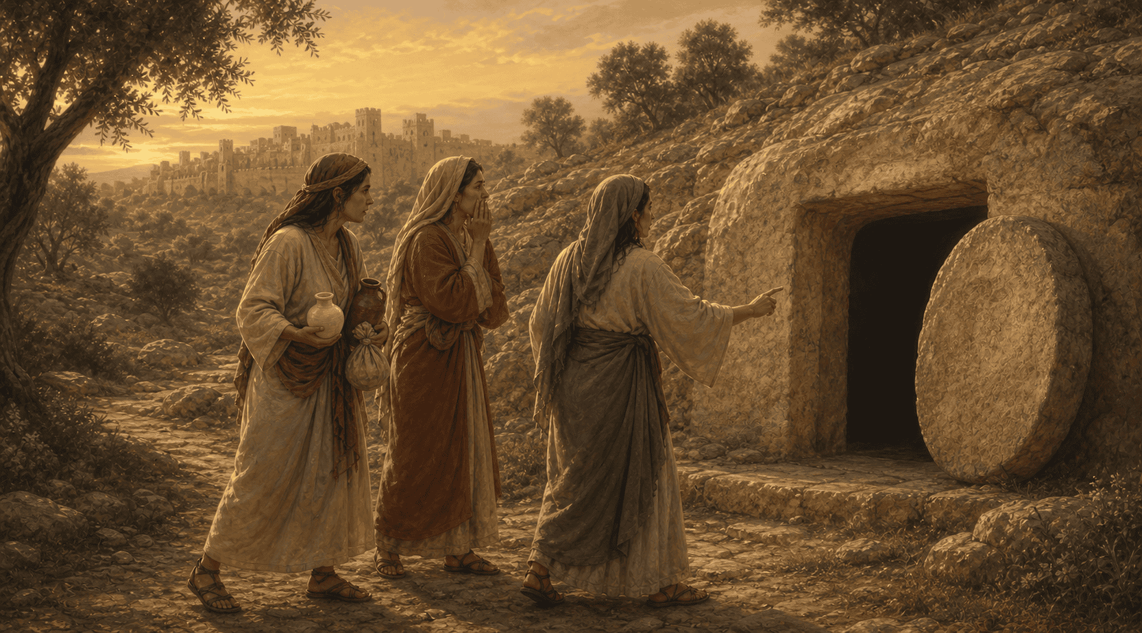 The Woman bring spices to Jesus Empty Tomb Biblical illustration of the women at the empty tomb bringing aromatic burial spices and discovering the stone rolled away from Jesus' tomb at dawn