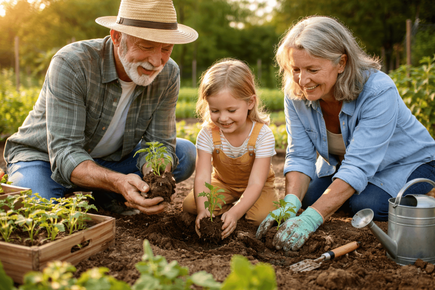 grandparents-planting-seedlings-with-grandchild-garden Grandparents and their granddaughter planting seedlings in a garden, pursuing health with purpose so they can invest in the next generation