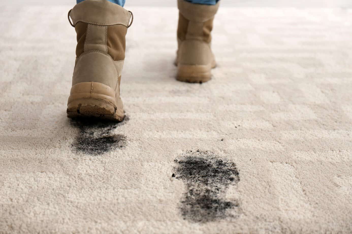Dirty boot prints on a light carpet showing how shoes track soil indoors