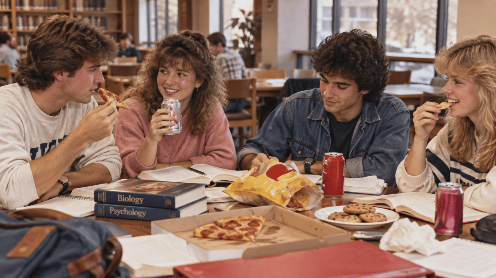 1980s college students Four college students in 1980s attire sitting at a library table, eating pizza, chips, and cookies while drinking from unbranded soda cans, with Biology and Psychology textbooks and notebooks spread across the table